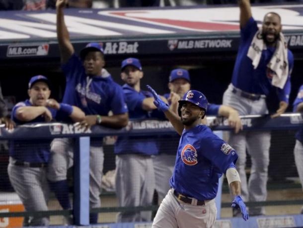 Dexter Fowler celebrates after his leadoff homerun in game 7 of the World Series/CSN Chicago