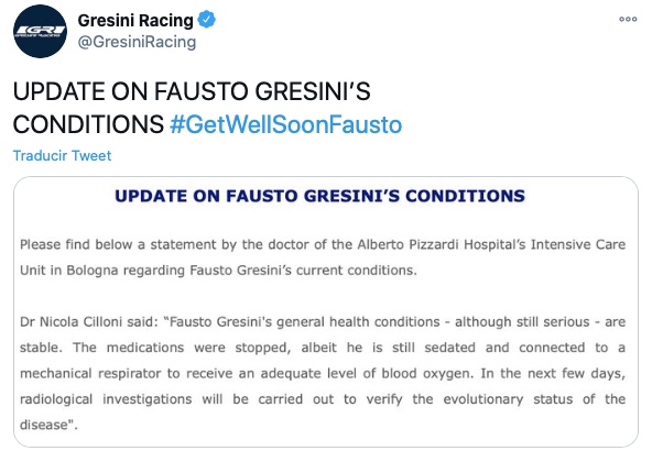 Comunicado oficial del equipo Gresini Racing / foto: twitter.com/GresiniRacing