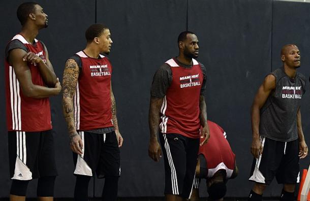 Miami Heat center Chris Bosh (1) forward Michael Beasley (8) forward LeBron James (6) and guard Ray Allen (34) during practice before game 2 of the 2014 NBA Finals. |Bob Donnan-USA TODAY Sports|