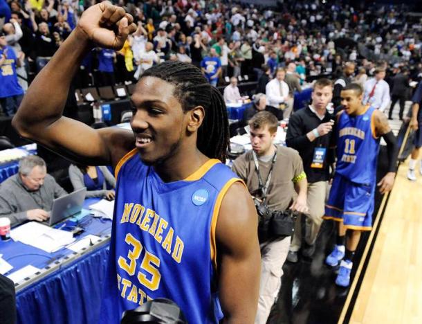 Morehead State forward/center Kenneth Faried (35) celebrates after beating Louisville 62-61 in a Southwest regional second round NCAA tournament college basketball game, Thursday, March 17, 2011, in Denver. (AP Photo/Jack Dempsey) ASSOCIATED PRESS