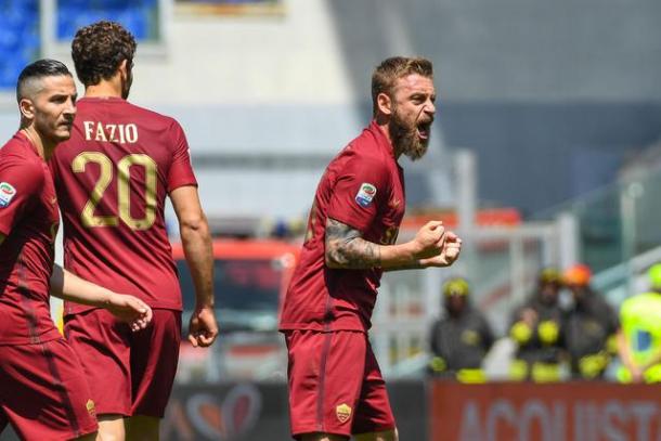 De Rossi esulta dopo aver segnato nell'ultimo derby. | ansa.it
