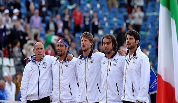 Fabio Fognini (second to left) and Paolo Lorenzi (second to right) in Italian Davis Cup action. (Photo: Vincenzo Artiano)