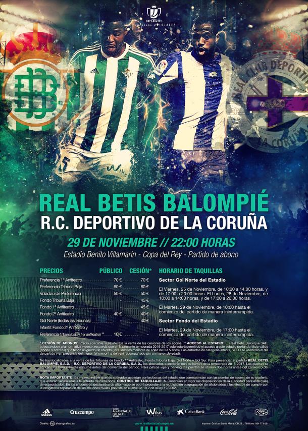 Cartel en el que se detallan los precios para dieciseisavos de Copa del Rey entre Real Betis y Deportivo | Foto: Real Betis