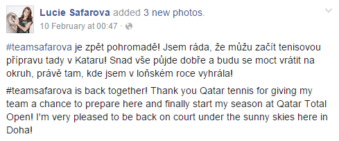 Safarova confirms her return | Photo via Lucie's Facebook page