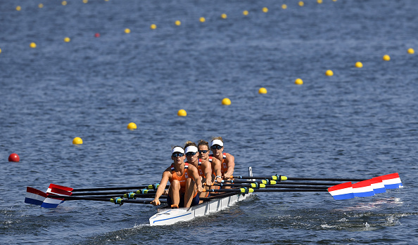 Netherlands' Carline Bouw, Netherlands' Inge Janssen, Netherlands' Nicole Beukers and Netherlands' Chantal Achterberg row during the Women's Quadruple Sculls (Photo: Damien Meyer/Getty Images)