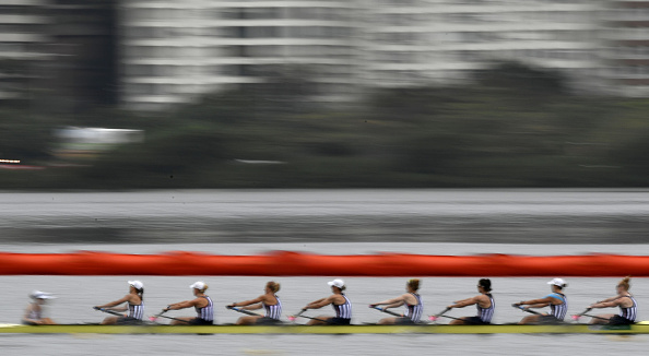 USA's Emily Regan, Kerry Simmonds, Amanda Polk, Lauren Schmetterling, Tessa Gobbo, Meghan Musnicki, Eleanor Logan, Amanda Elmore and Katelin Snyder row during the Women's Eight (Photo: Jeff Pachoud/Getty Images)