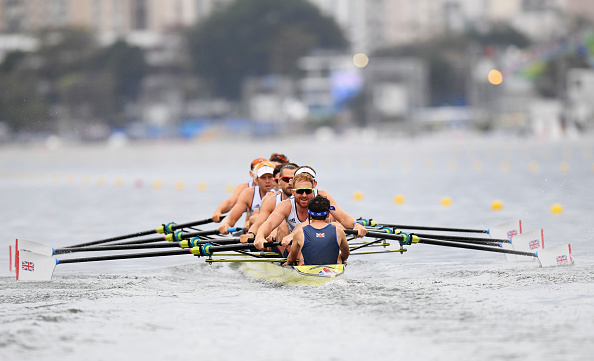 Scott Durant, Tom Ransley, Andrew Hodge, Matt Gotrel, Pete Reed, Paul Bennett, Matt Langridge, William Satch and Phelan Hill of Great Britain compete in the Men's Eight Heat one (Photo: Matthias Hangst/Getty Images)