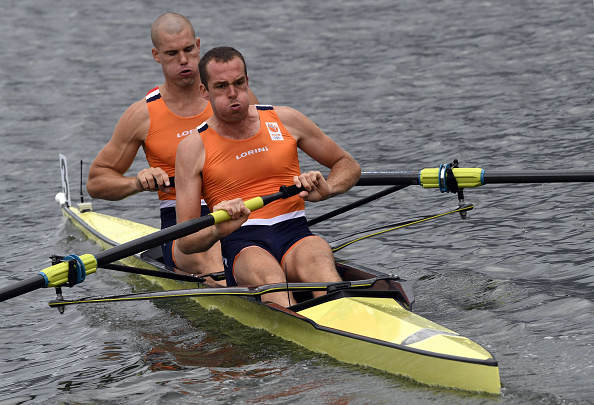 Netherlands' Roel Braas (L) and Netherlands' Mitchel Steenman (R) row during the Men's Pair rowing competition (Photo: Damien Meyer/Getty Images)