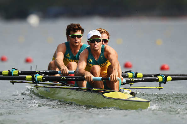 William Lockwood of Australia, Joshua Dunkley-Smith of Australia, Joshua Booth of Australia and Alexander Hill of Australia compete during the Men's Four Heat one (Photo: Matthias Hingst/Getty Images)