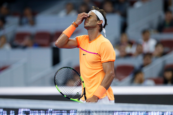 Rafael Nadal reacts to losing a point against Adrian Mannarino (Photo: Lintao Zhang/Getty Images) 