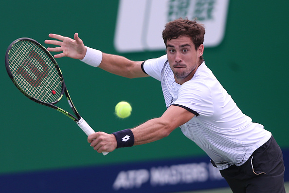 Guido Pella returning a shot to Jack Sock during the Shanghai Rolex Masters (Photo: Zhong Zhi/Getty Images)