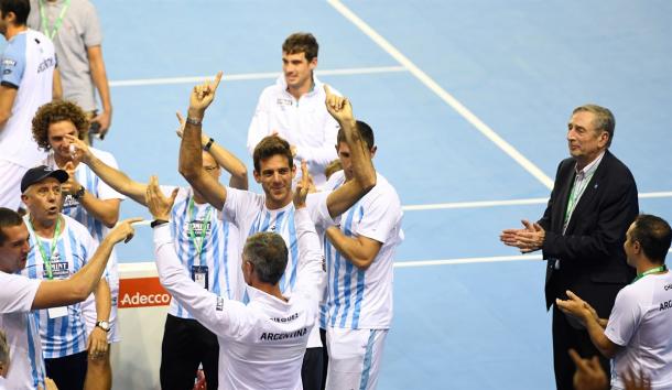 Team Argentina celebrates their 2016 semifinal win. Photo: Davis Cup