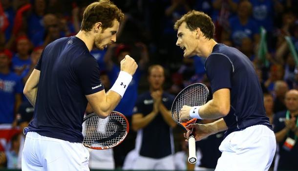 Andy Murray (left) and Jamie Murray celebrate during a Davis Cup match. Photo: Jordan Mansfield/Getty Images