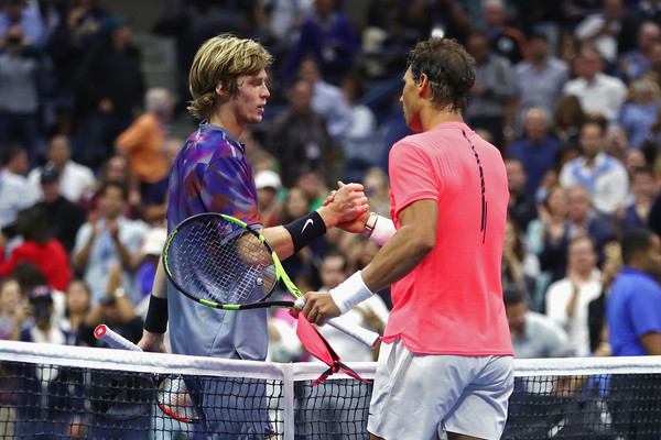 Rublev embraces Nadal, twelve years his elder, at the net (Photo: Clive Brunskill/Getty Images Europe)