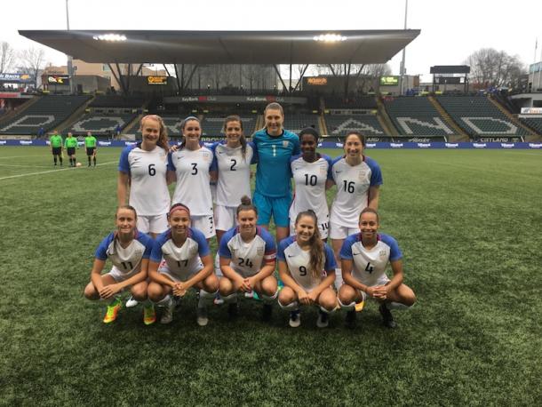 Jaelin Howell (6, standing far left) with the U23s prior to kickoff against the Houston Dash | Source: US Soccer