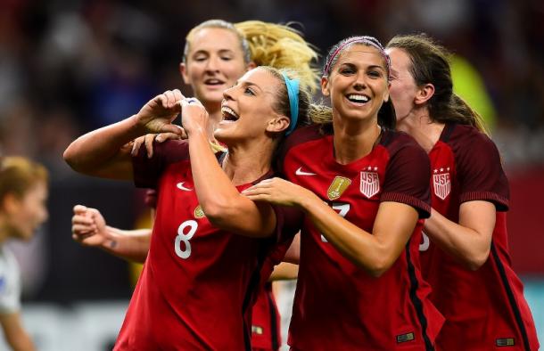 Julie Ertz and Alex Morgan celebrating (Photo Courtesy of U.S. Soccer