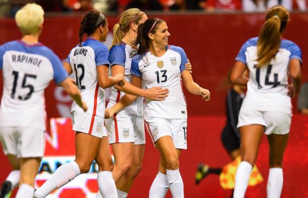 The USWNT celebrate Morgan's goal// Source: U.S. Soccer.com