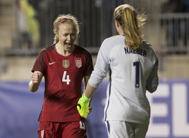 Becky Sauerbrunn and Alyssa Naeher celebrate win over Germany (Photo: Mitchell Leff/Getty Images)