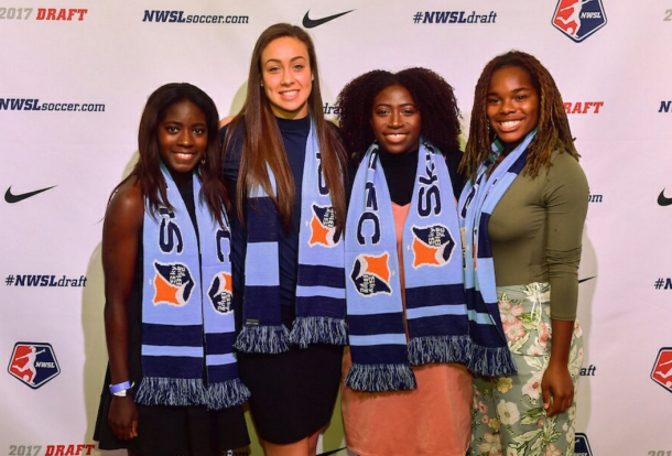 Catrina Atanda, ThrillsyMillsy, Kailen Sheridan and Miranda Freeman after being drafted by Sky Blue FC. (Source: Sky Blue's Twitter @SkyBlueFC)