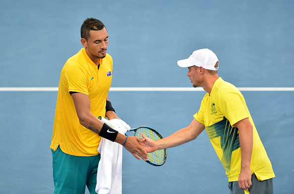 Nick Kyrgios getting encouragement from his team captain Lleyton Hewitt (Photo: Bradley Kanaris/Getty Images)