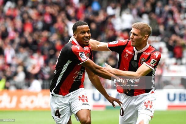 Alassane Pléa (left) celebrating a goal for Nice. | Photo: Agence Nice Presse/Icon Sport via Getty Images