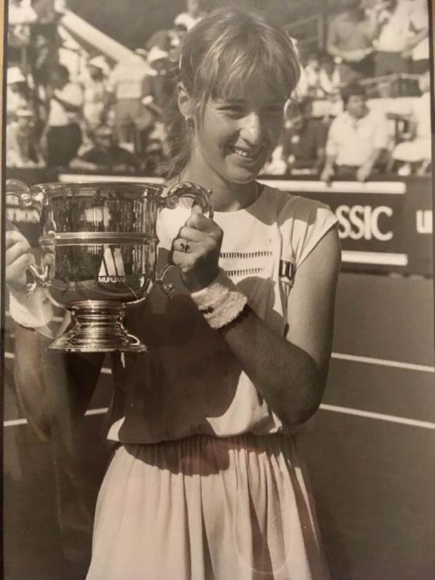 Maleeva with the winner's trophy after claiming the title in Mahwah 1989, one of her five titles she won on American soil. Photo: Manuela Maleeva Facebook