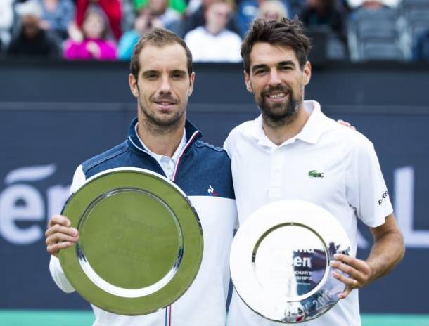 Richard Gasquet (left) and Jeremy Chardy pose with their trophies after their all-French final at the Libema Open. Photo: Getty Images