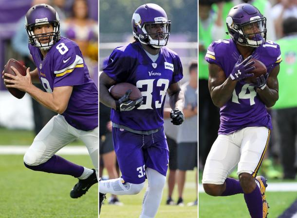 Sam Bradford, Dalvin Cook y Stefon Diggs durante jugadas con los Vikings. Fuente. NFL.com