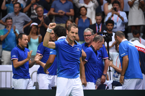 Gasquet was pumped after winning the third set in flawless fashion, wrapping up a comprehensive victory to send France into the early lead in the tie/Photo: Corrine Dubreuil/Davis Cup