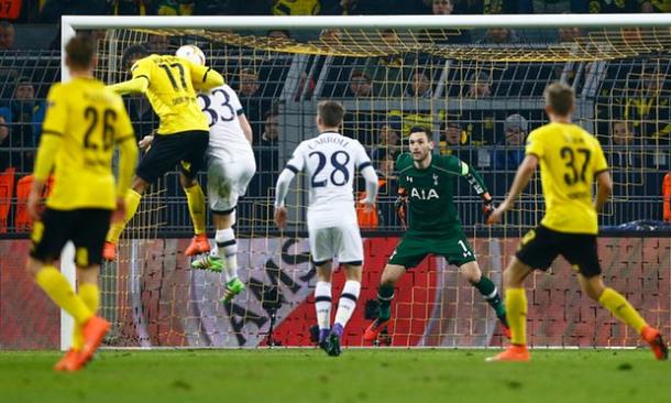 Aubameyang scoring Dortmund's opening goal against Spurs last week | Photo: Getty Images