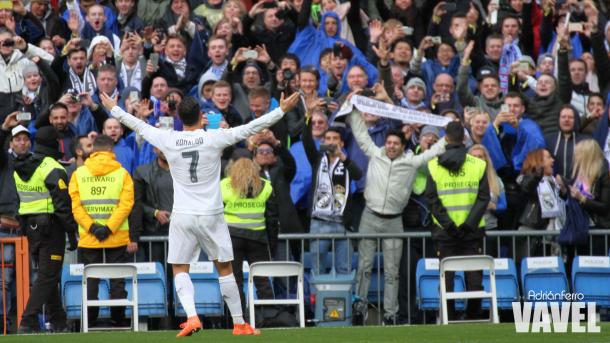 Cristiano celebrando uno de sus cuatro goles ante el Celta. Fotografía: Adrián Ferro | Vavel. 
