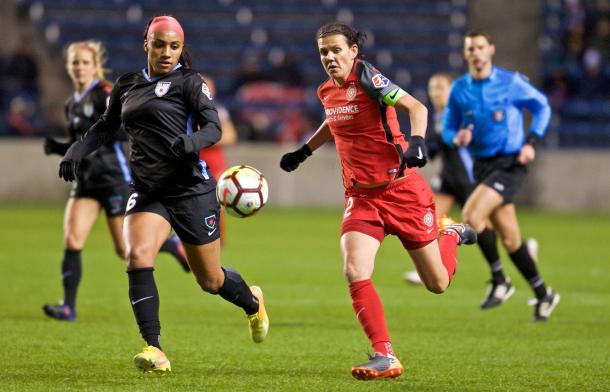 Sinclair chases down the ball for her first goal of the night | Source: Craigh Mitchelldyer