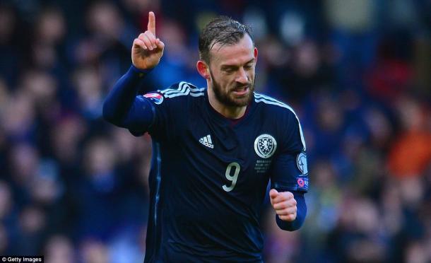 Steven Fletcher celebrates scoring a hat-trick for Scotland in the 6-1 victory | photo: Getty Images