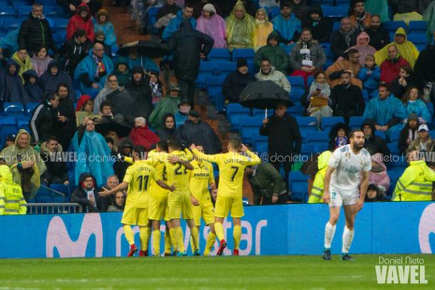Los jugadores del Villarreal celebran el tanto de la victoria ante el Real Madrid. Foto: Daniel Nieto / VAVEL