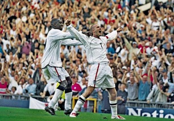 Beckham celebrando el tanto en Old Trafford. Foto: Getty Images