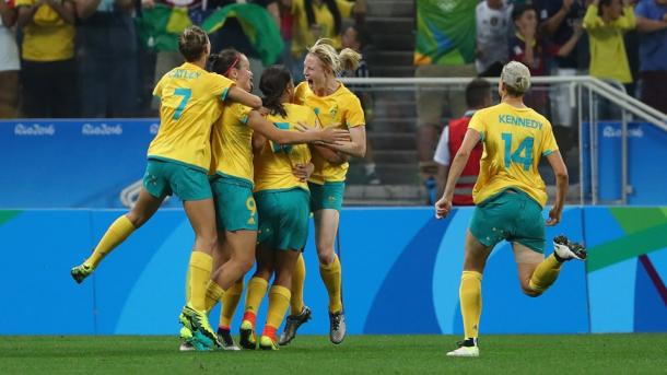 The Matildas celebrates Caitlin Foord's first half goal. Source: Getty Images