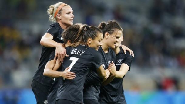 New Zealand celebrate the goal that ultimately won the game. (Photo: Getty)