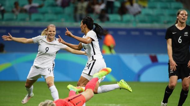 Louise Necib celebrates scoring the first of two goals. Source: Getty Images