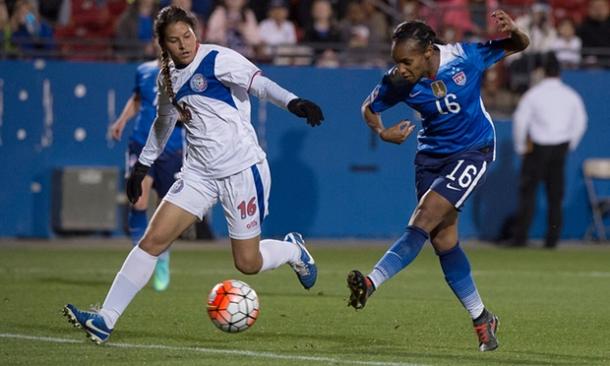 Crystal Dunn (Right) scoring one of her five goals against Puerto Rico on Monday at Toyota Stadium. Photo provided by Jerome Miron-USA TODAY Sports.