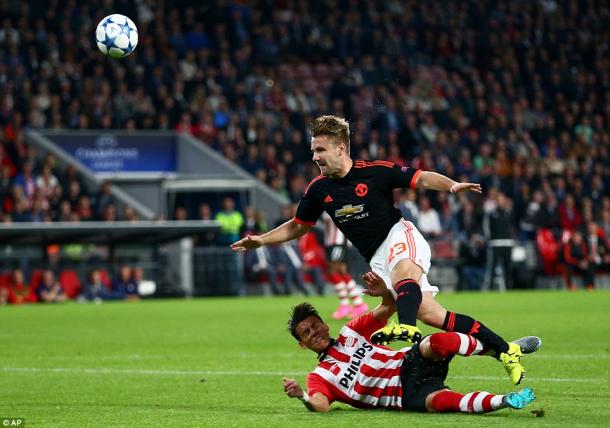 Moreno tackles Shaw during their UEFA Champions League match (Photo: AP)