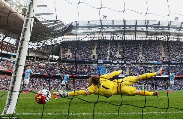 Joe Hart is beaten by Victor Moses' strike at the Etihad. (Photo: Getty)