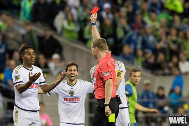 Roland Alberg is shown his second yellow card and a red card in the 53rd minute (Photo Courtesy of Brandon Farris/VAVEL USA