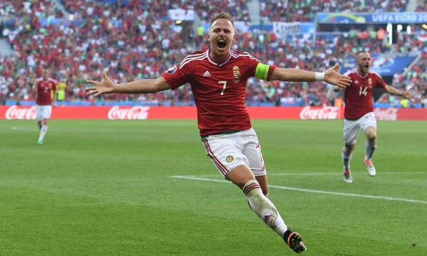 Hungary celebrate taking the lead against against Portugal (Photo: Francisco Leong/AFP/Getty Images)