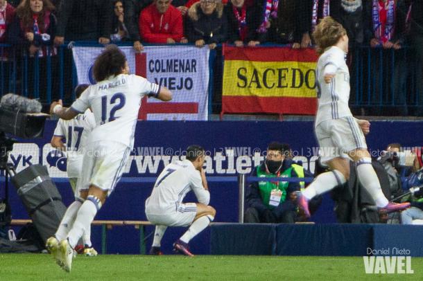 Celebración de Cristiano, tras uno de sus goles en el derbi de Liga