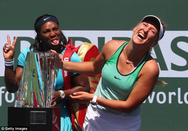 Serena Williams photobombs Victoria Azarenka at the Indian Wells Trophy Ceremony |Photo: Getty Images