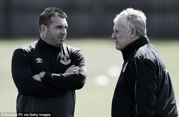 David Unsworth and Joe Royle discuss tactics as they watch over a training session at Finch Farm. | Photo: Everton FC