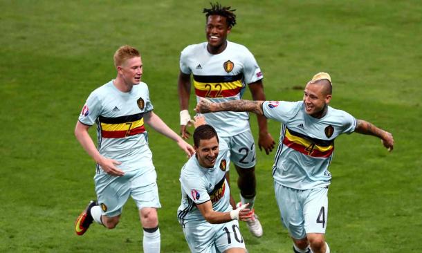 Hazard celebrates scoring against Hungary (Photo: Dean Mouhtaropoulos/Getty Images)