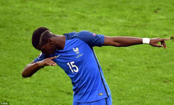 Pogba dabs after scoring against Iceland (photo; EPA)