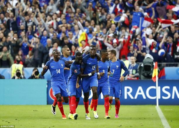 Above: France celebrating Paul Pogba's goal in their 5-2 win over Iceland | Photo: Reuters 