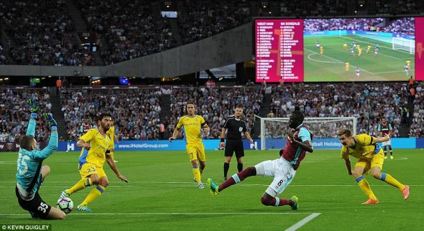 Above: Cheikhou Kouyate scoring one of his two goals in West Ham United's 3-0 win over NK Domzale | Photo:Kevin Quigley
